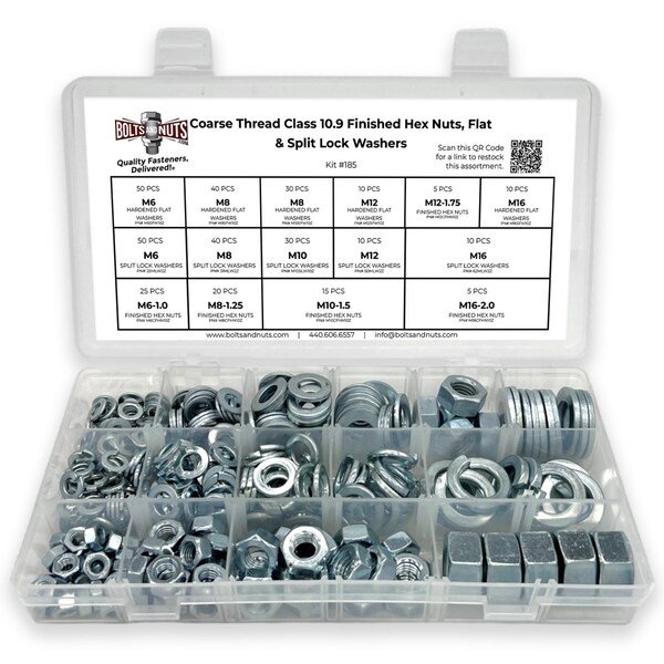 Boltsandnuts.Com Metric Class 10.9 Hex Nut, Flat & Lock Washers Assortment - 351 Pcs Assortment Kit #185 - main